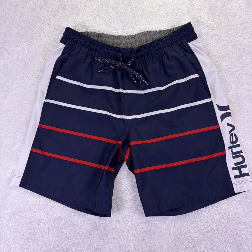 Hurley Lined Swim Trunks Shorts Mens M (7in) Blue Stripe Drawstring Pockets